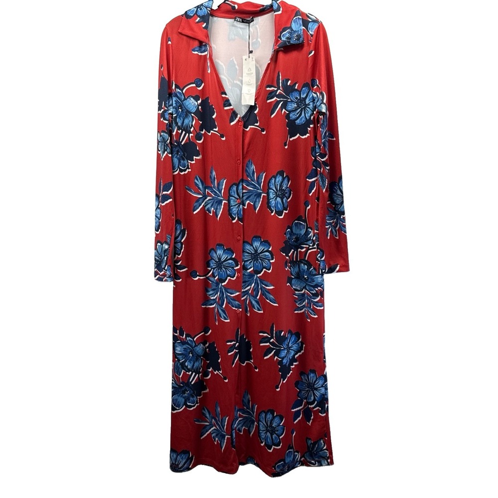 Zara Midi Dress Size Medium NWT Red Blue Back Slit V Neck Pullover Long Sleeves